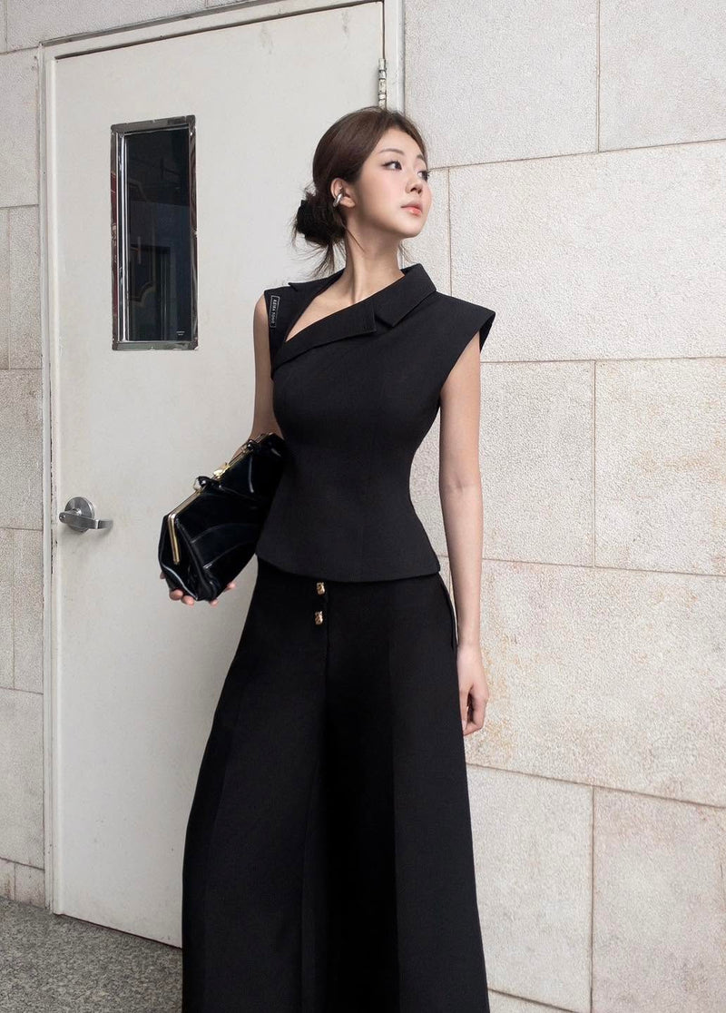 Black Diagonal Collar Top