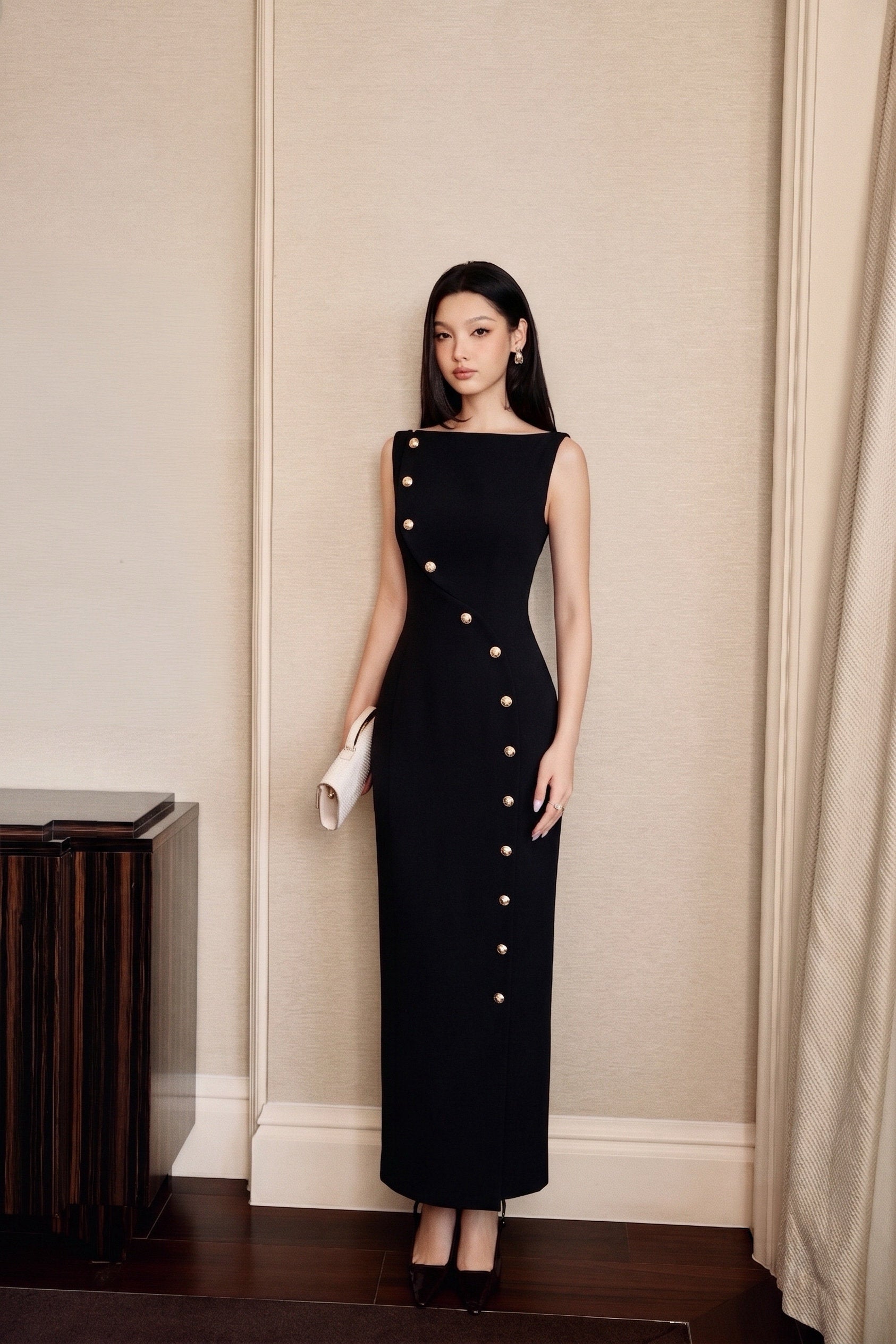 Keira Tong Black Eccentric Buttons Dress