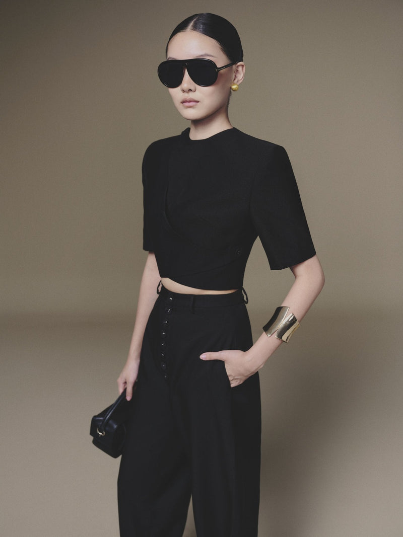 Black Diagonal Wrap Top