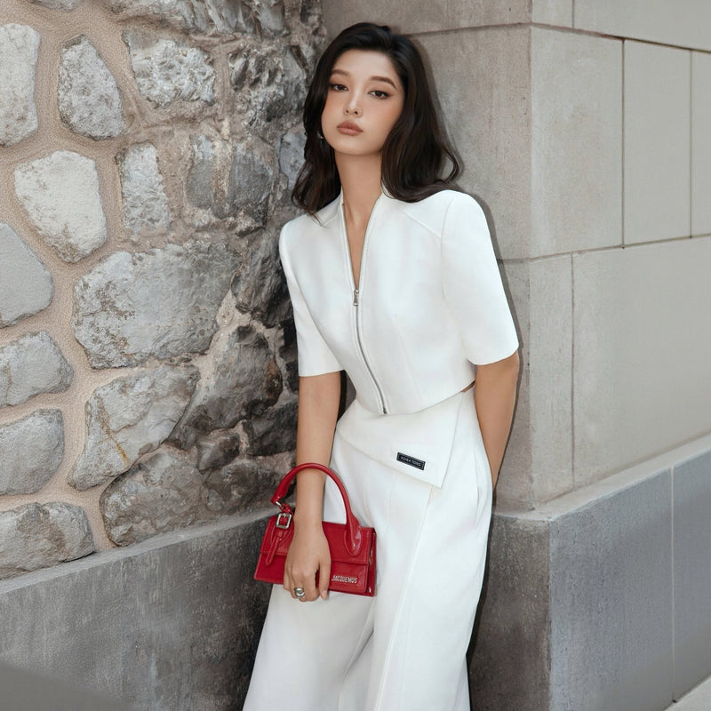 Keira Tong White Zipped Crop Blazer
