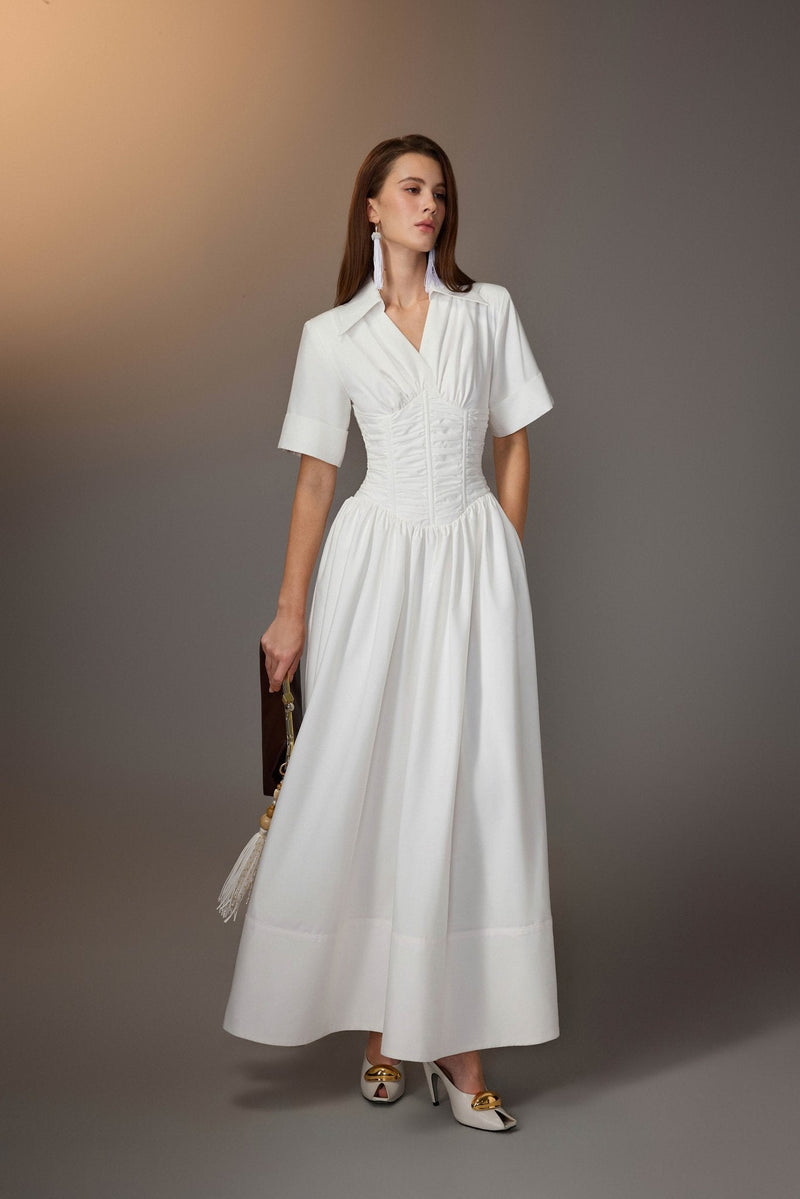 White Ruching Shirt Dress