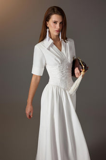 White Ruching Shirt Dress