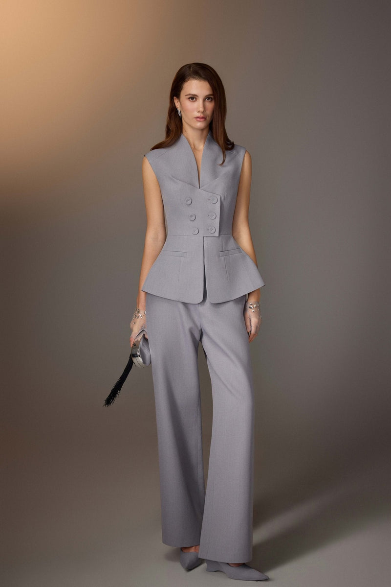 Grey Sleeveless Button Blazer