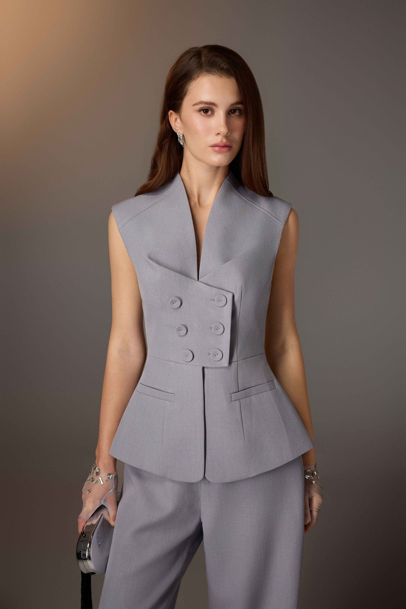 Grey Sleeveless Button Blazer