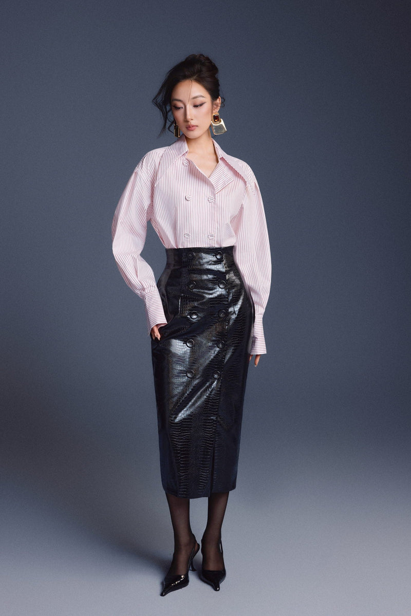 Keira Tong Black Leather Sculpted Skirt