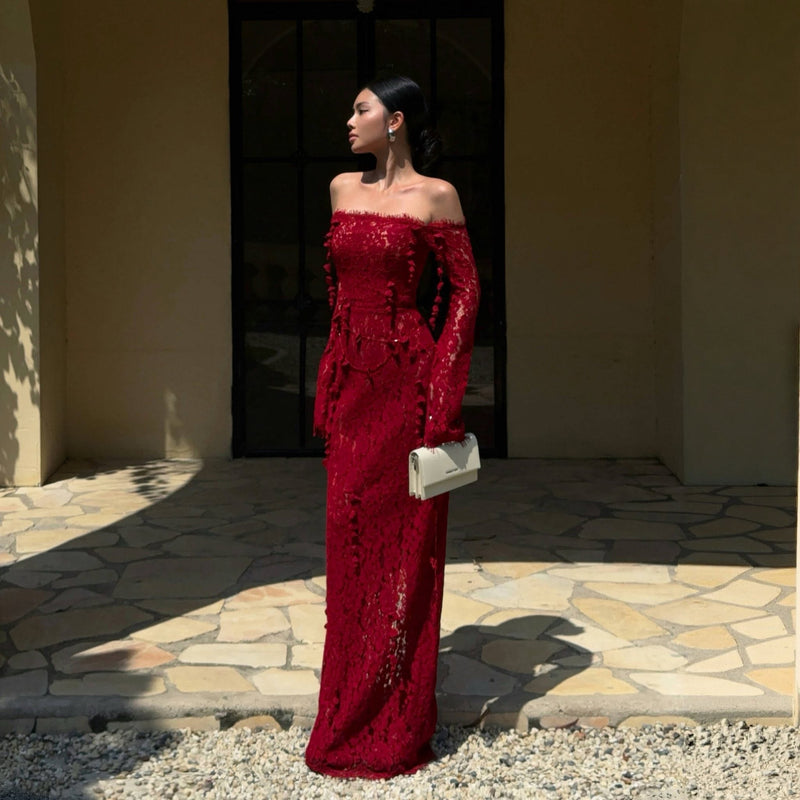Keira Tong Red Embroidered Vine Dress
