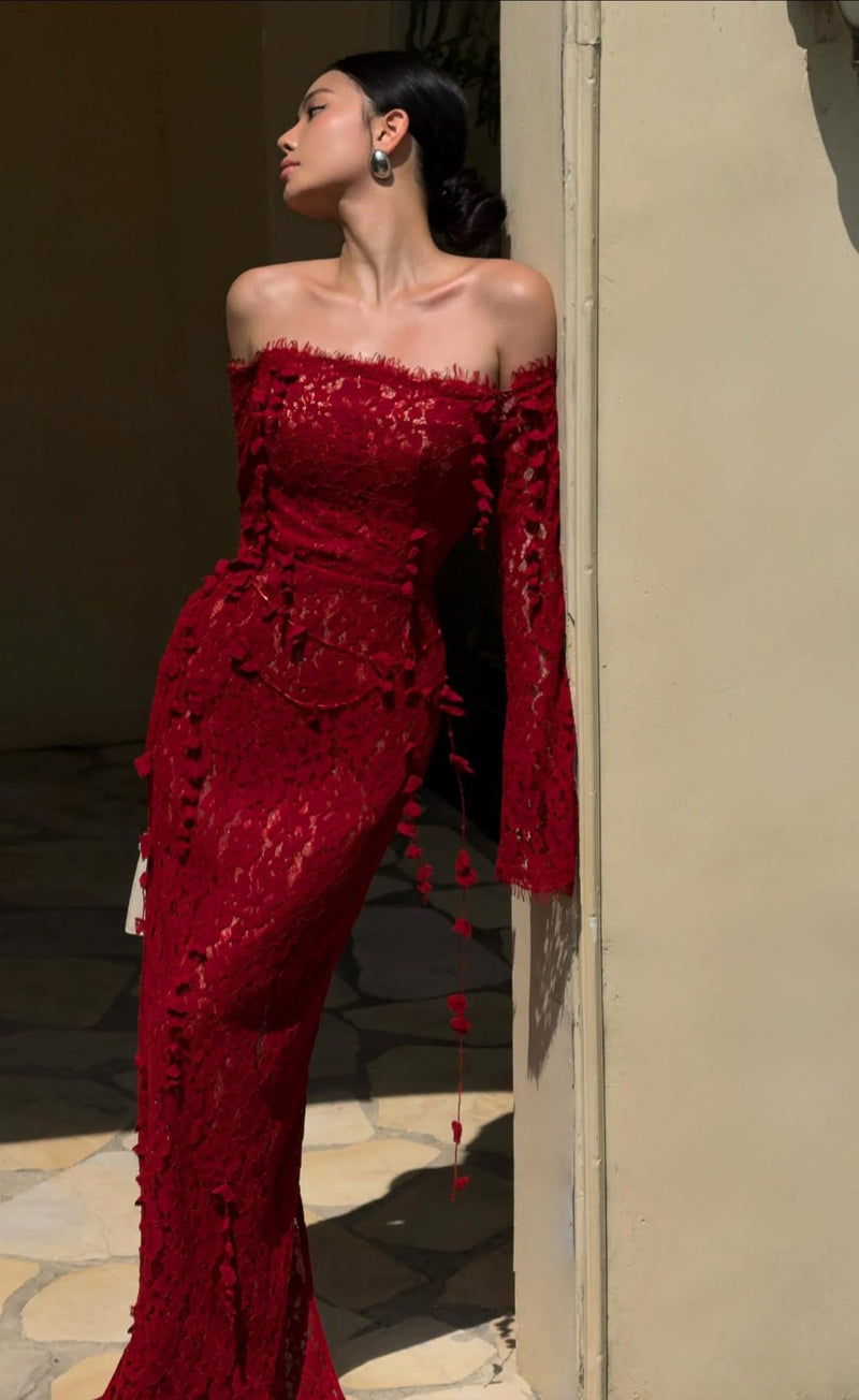 Keira Tong Red Embroidered Vine Dress