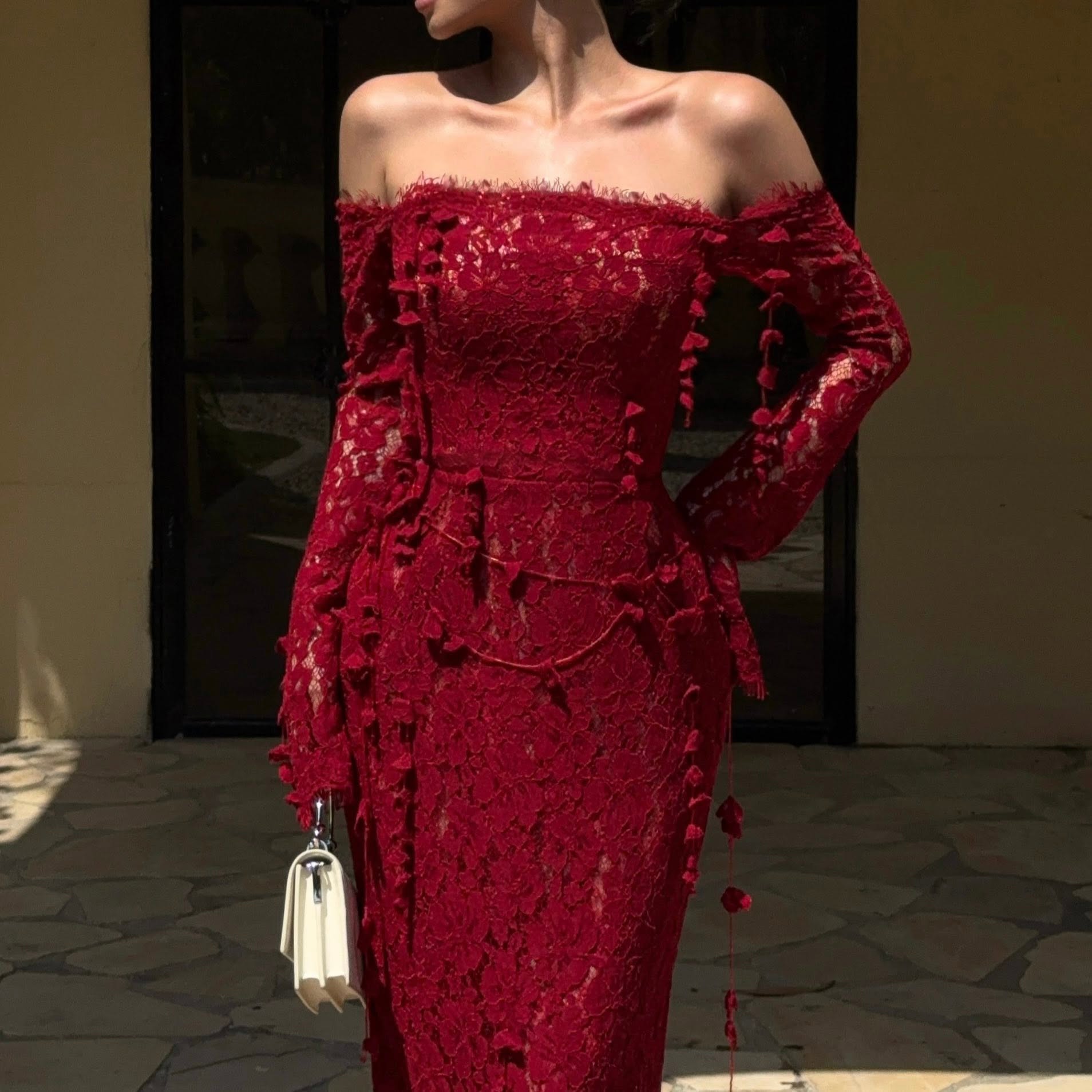Red Embroidered Vine Dress