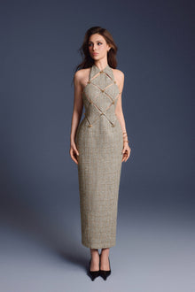 Keira Tong Gold Checkered Cut-out Dress