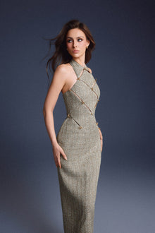 Keira Tong Gold Checkered Cut-out Dress