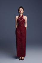Keira Tong Wine Red Checkered Cut-out Dress