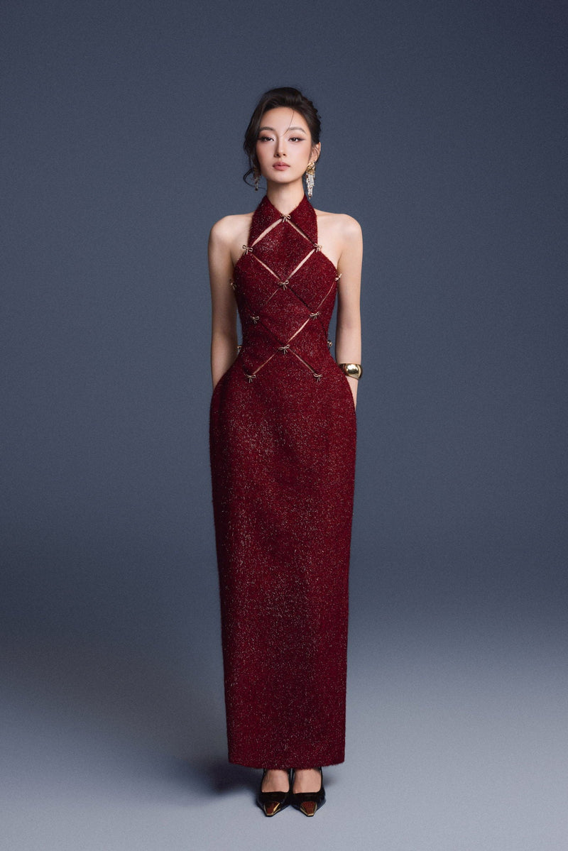 Keira Tong Wine Red Checkered Cut-out Dress
