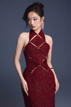 Keira Tong Wine Red Checkered Cut-out Dress