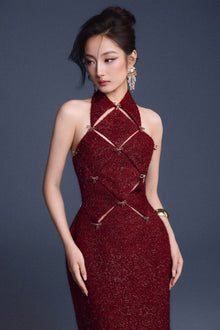 Keira Tong Wine Red Checkered Cut-out Dress