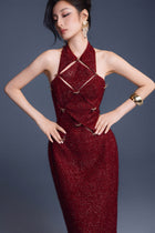Keira Tong Wine Red Checkered Cut-out Dress