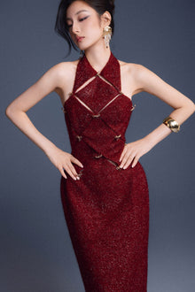 Keira Tong Wine Red Checkered Cut-out Dress