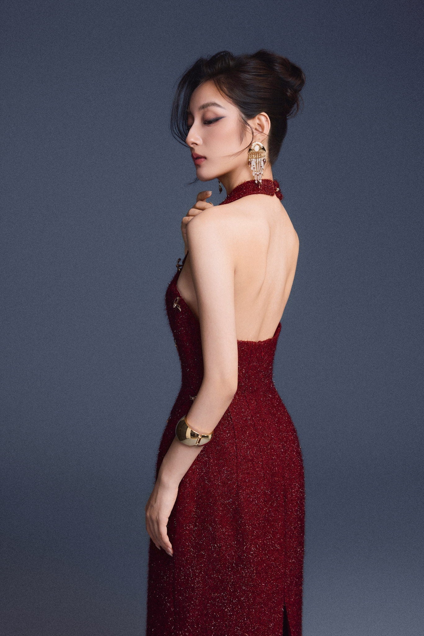 Keira Tong Wine Red Checkered Cut-out Dress