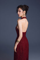 Keira Tong Wine Red Checkered Cut-out Dress