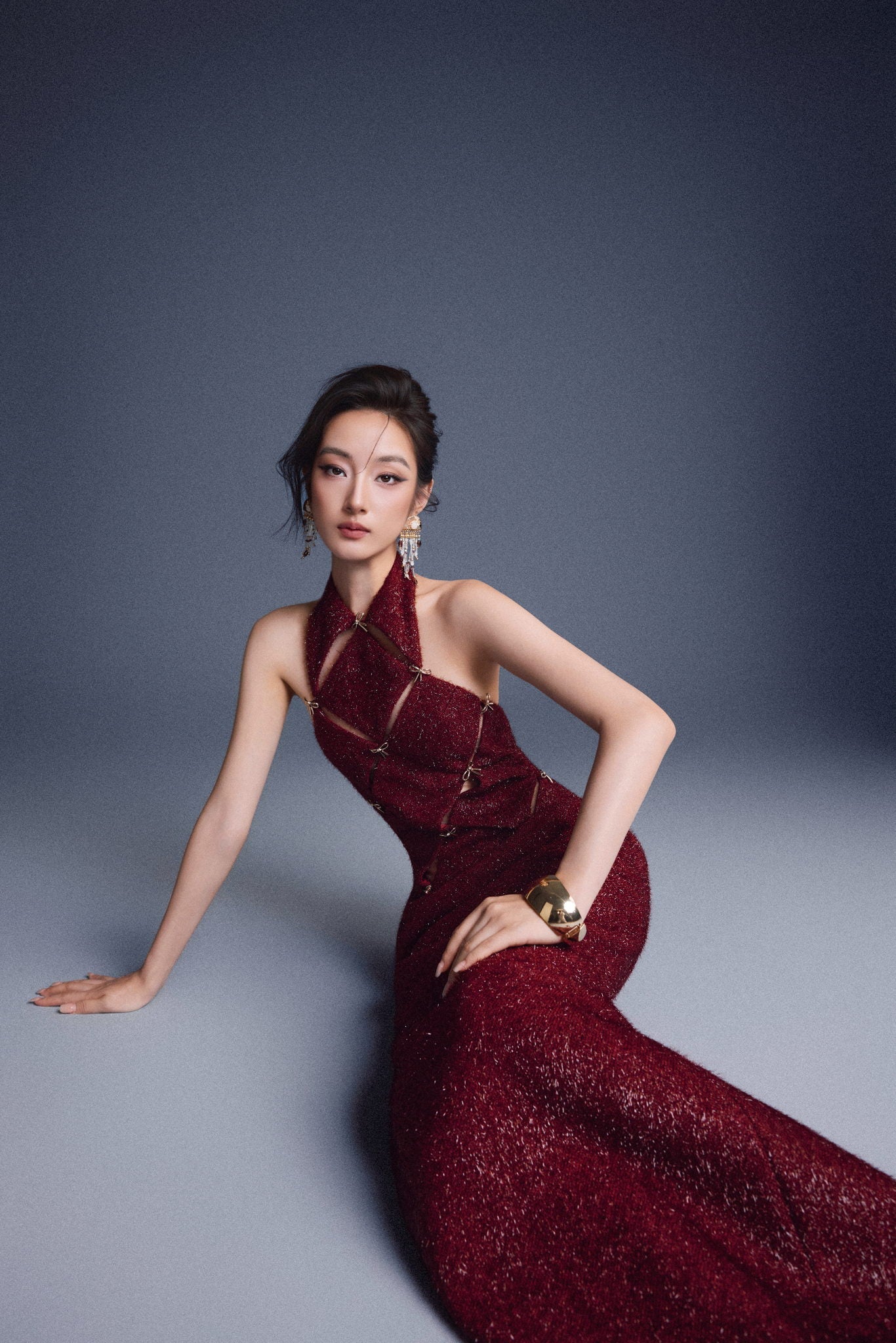 Keira Tong Wine Red Checkered Cut-out Dress