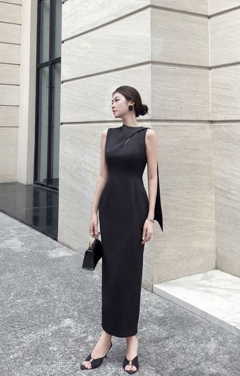 Keira Tong Black Scarf Sleeveless Dress