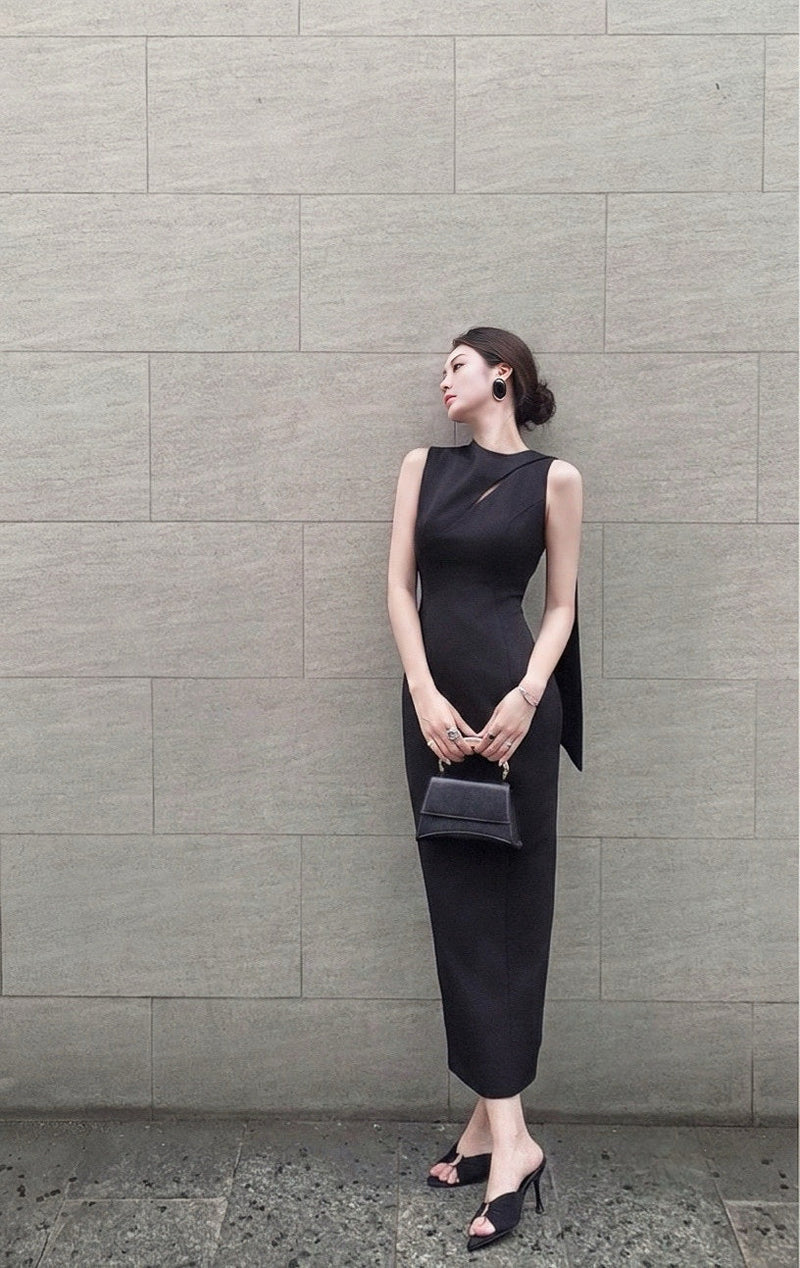 Keira Tong Black Scarf Sleeveless Dress