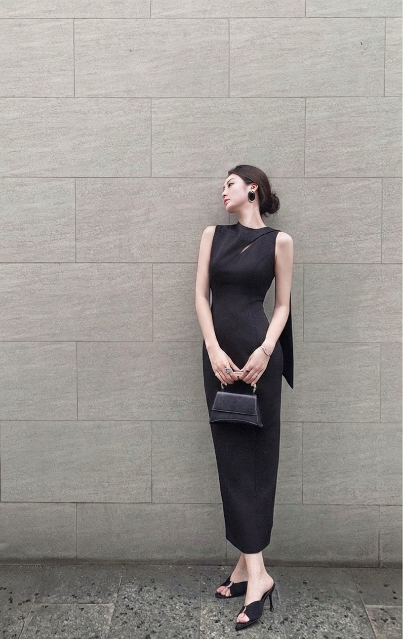 Keira Tong Black Scarf Sleeveless Dress
