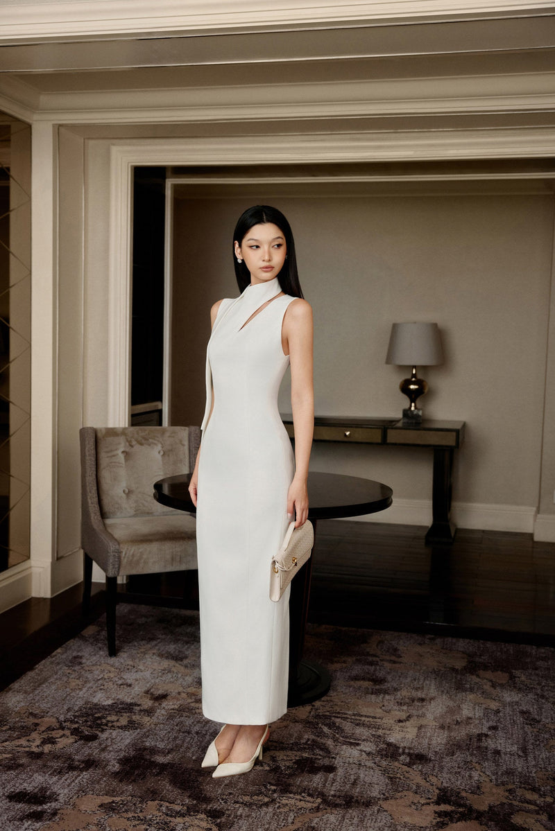 Keira Tong White Scarf Sleeveless Dress