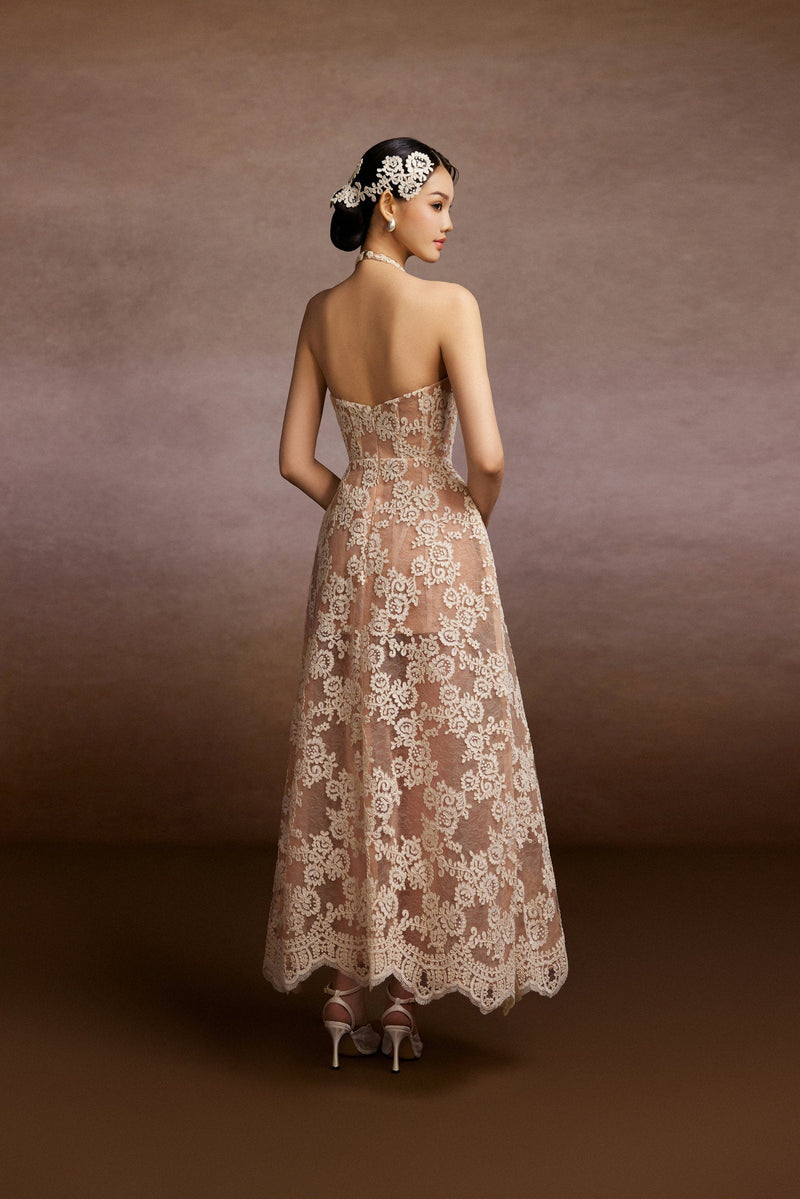 Caramel Halter Lace Dress