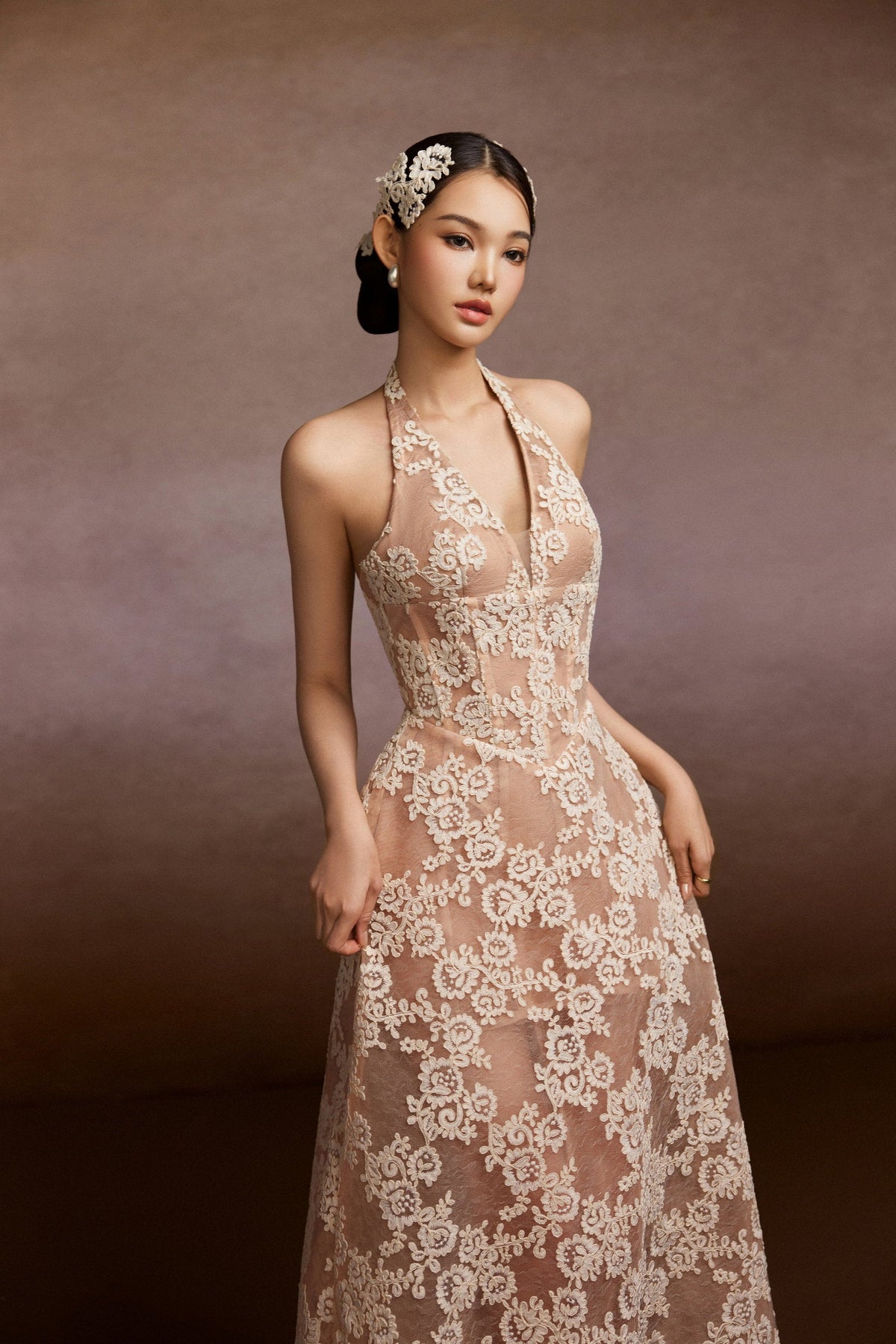 Caramel Halter Lace Dress