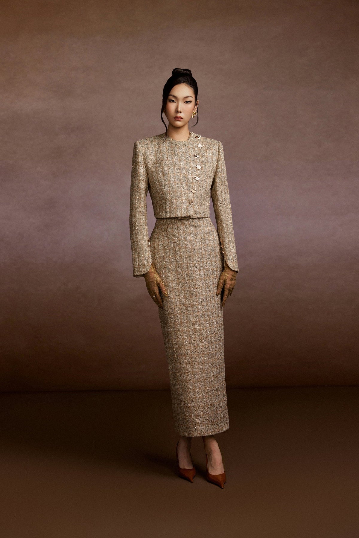 Champagne Tweed Blazer and Corset Skirt Set