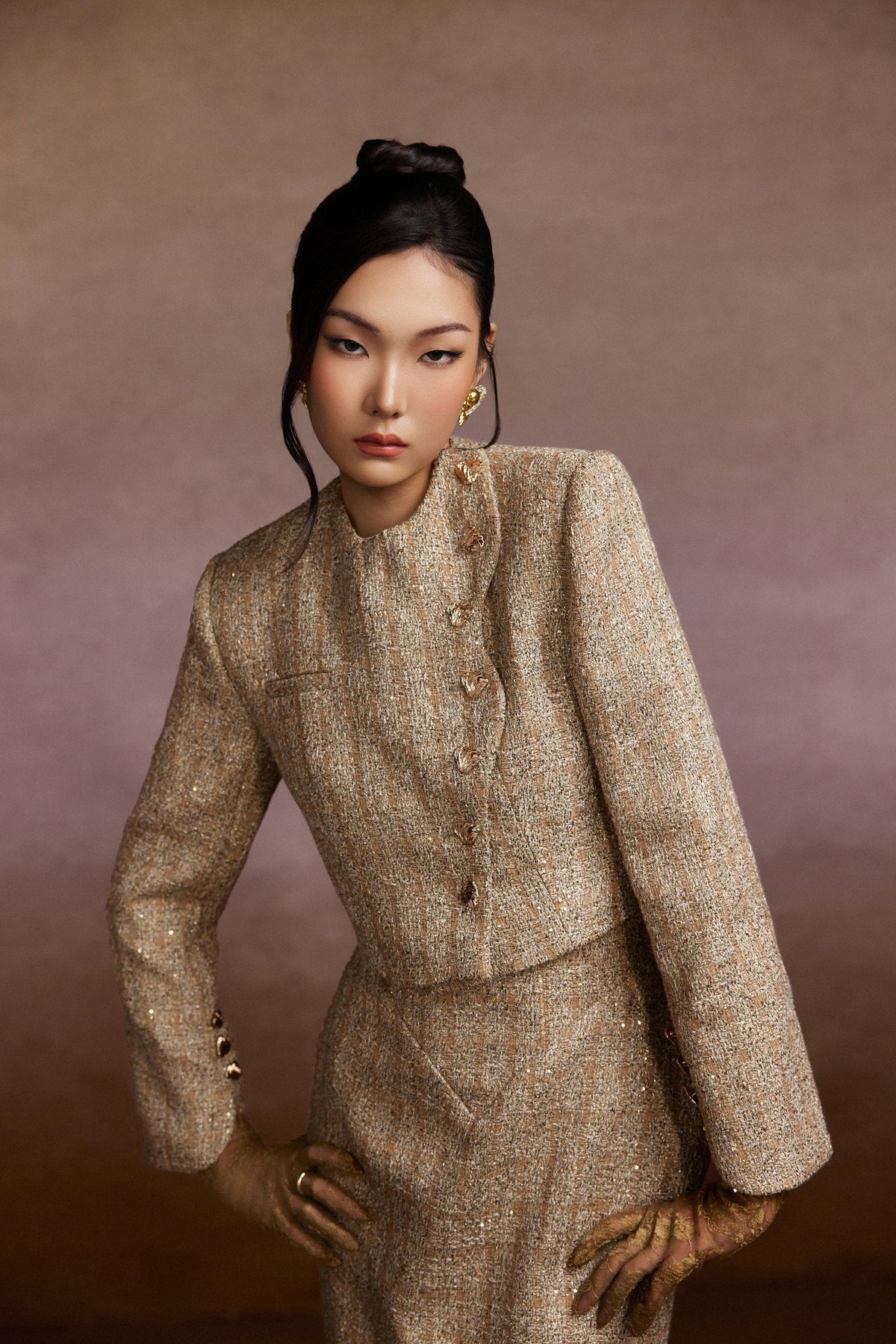 Champagne Tweed Blazer and Corset Skirt Set