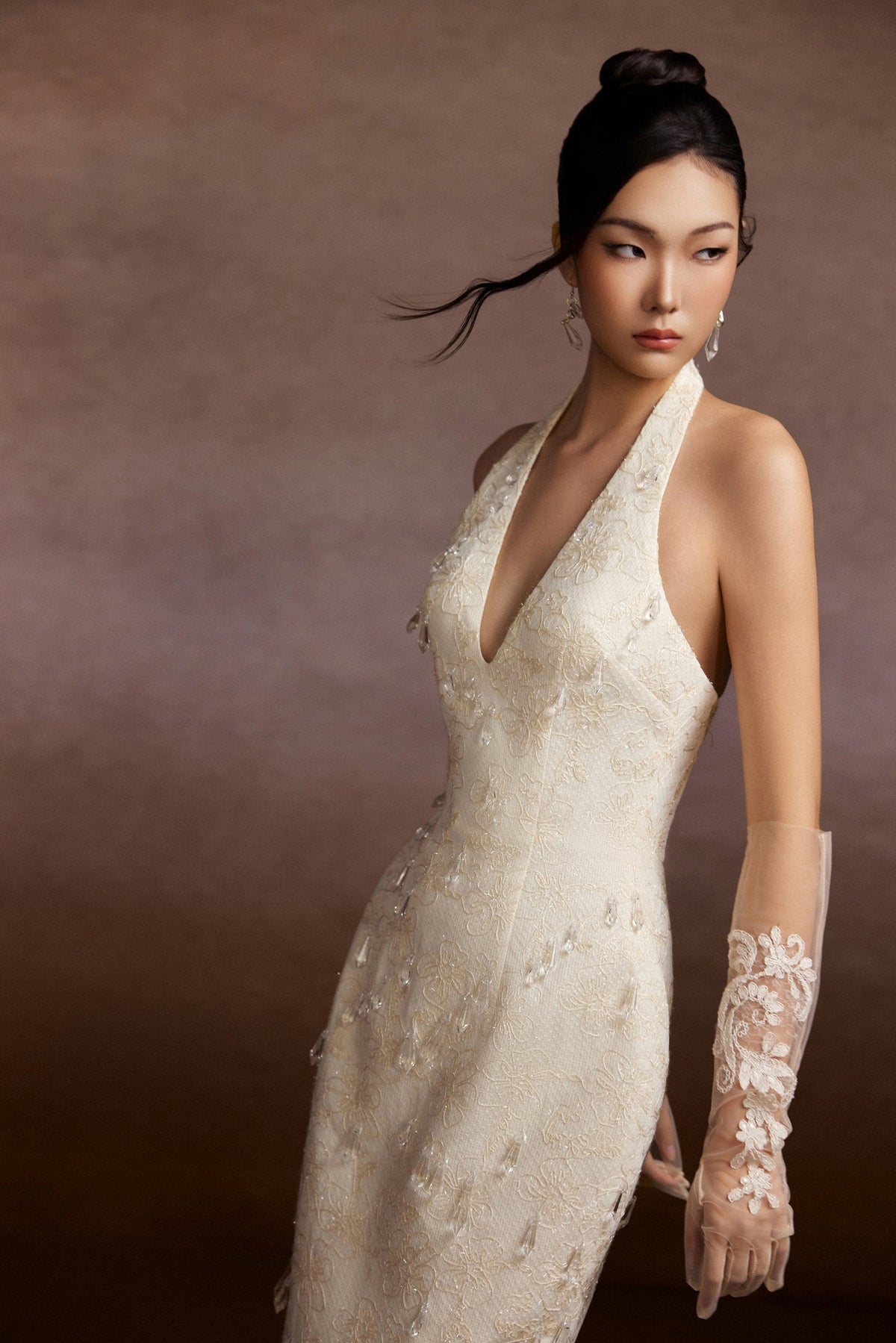 Cream Crystals Halter Dress