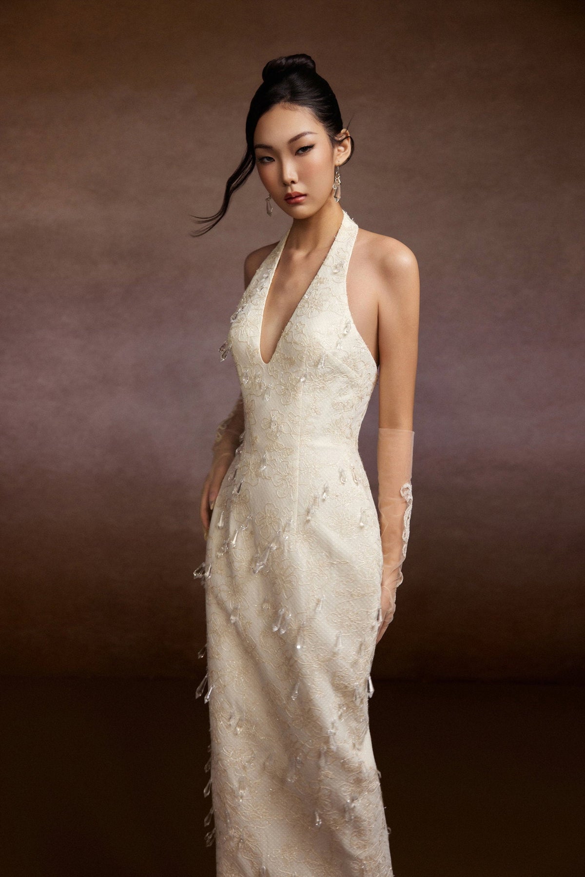 Cream Crystals Halter Dress