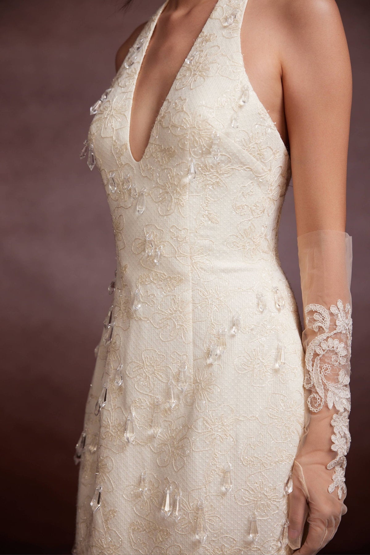 Cream Crystals Halter Dress