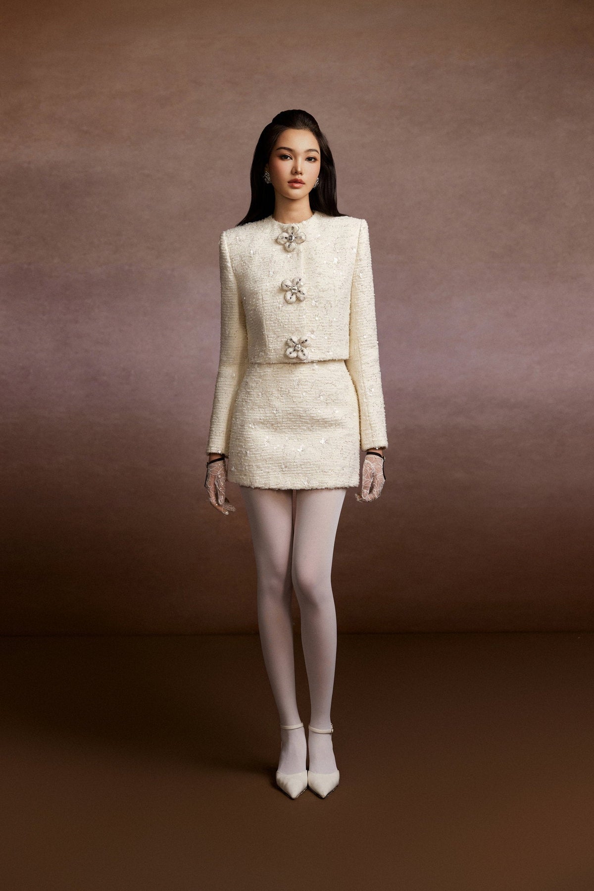 Floral Buttons Blazer and Tweed Mini Skirt Set