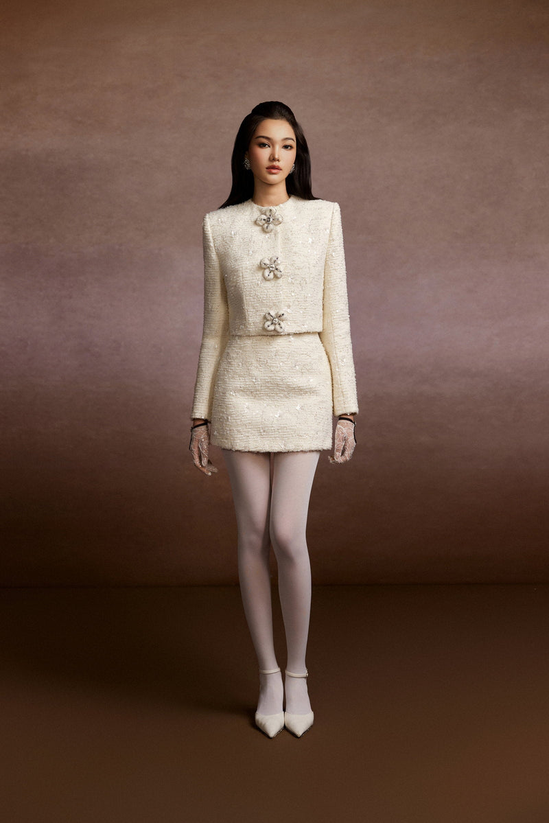 Floral Buttons Blazer and Tweed Mini Skirt Set