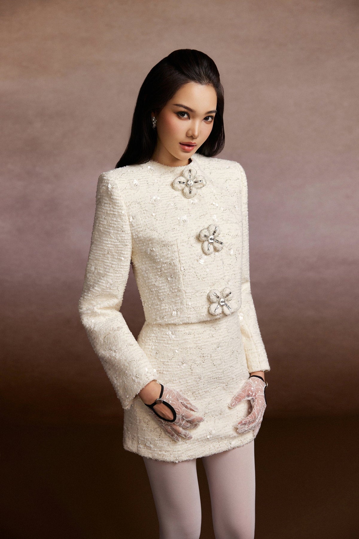 Floral Buttons Blazer and Tweed Mini Skirt Set