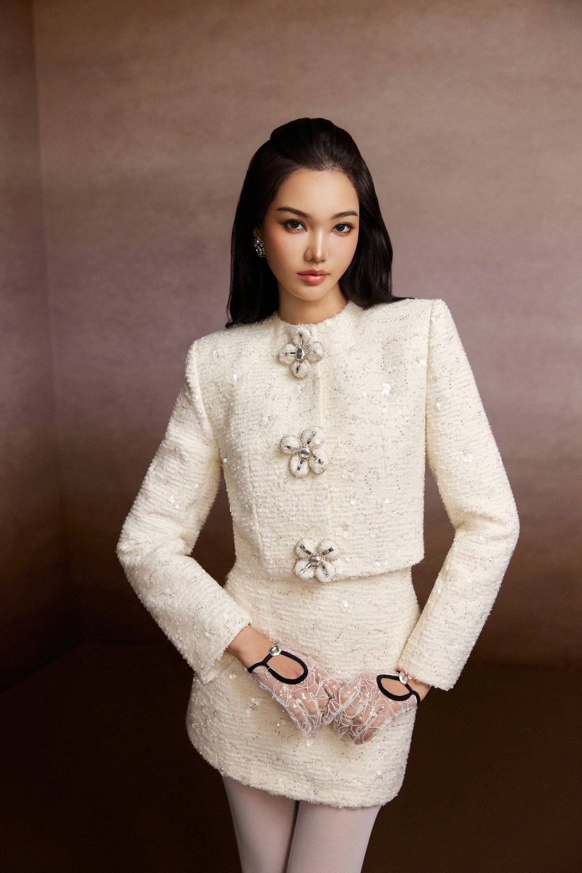 Floral Buttons Blazer and Tweed Mini Skirt Set