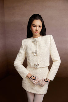 Floral Buttons Blazer and Tweed Mini Skirt Set