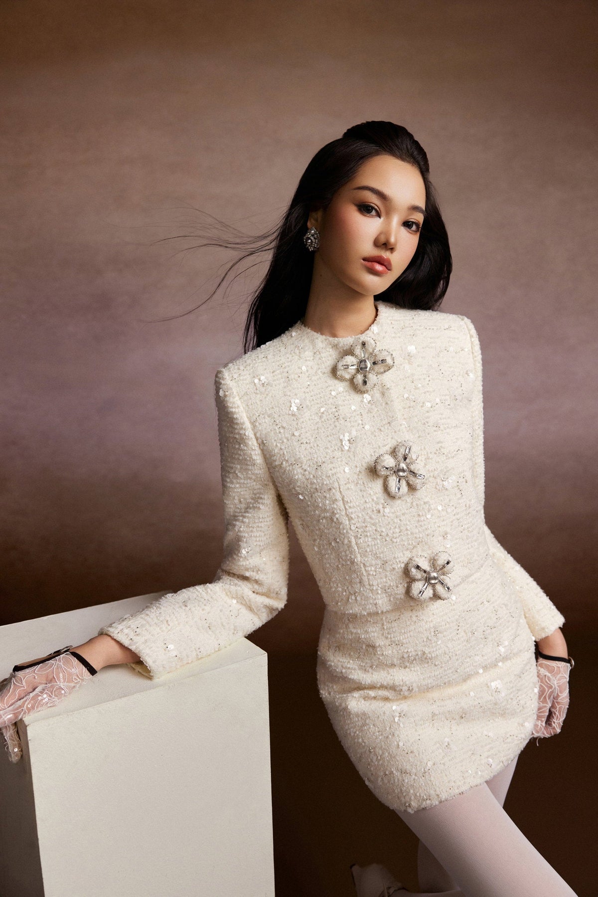 Floral Buttons Blazer and Tweed Mini Skirt Set