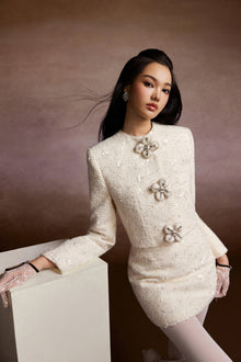Floral Buttons Blazer and Tweed Mini Skirt Set