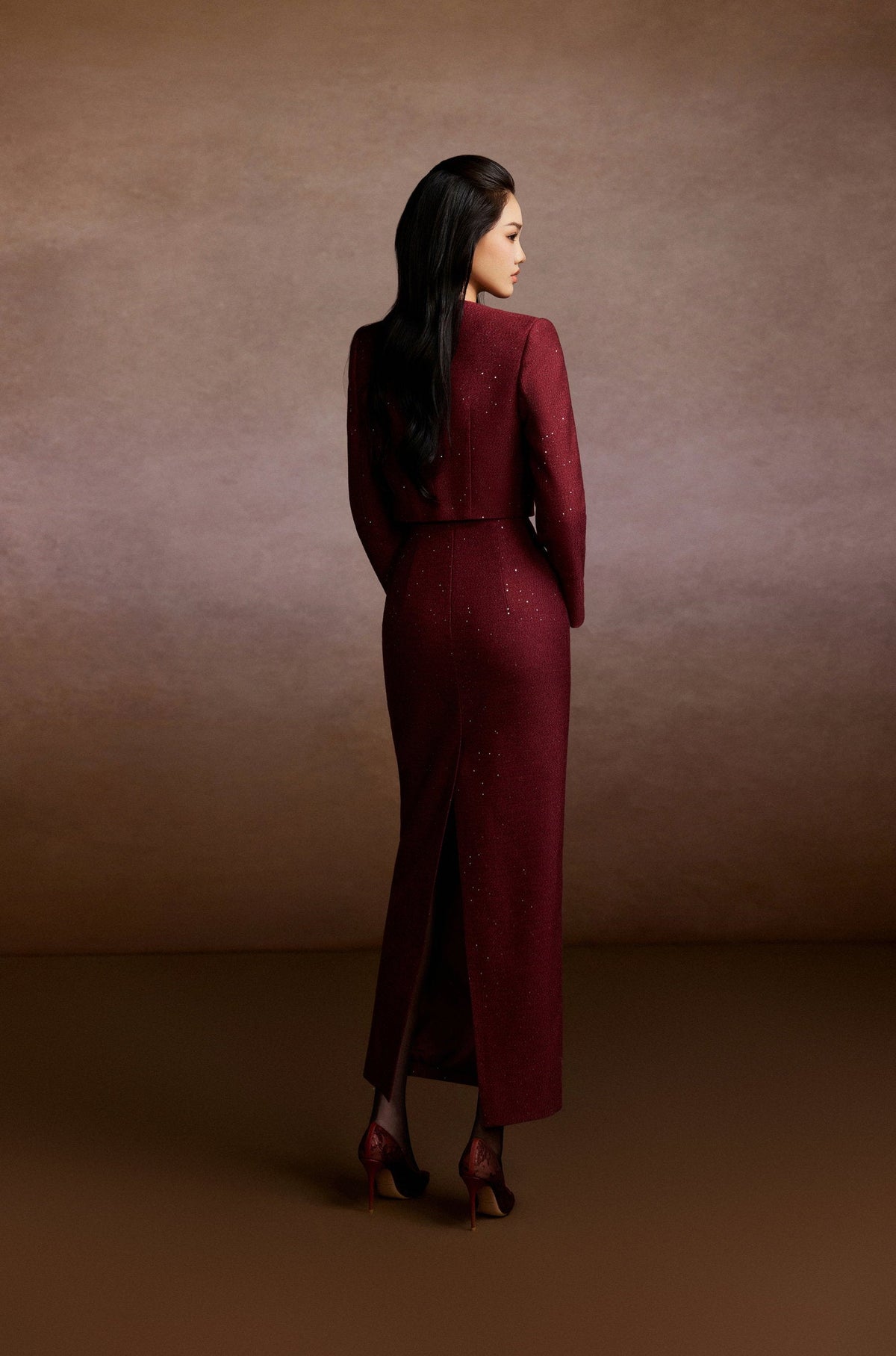 Red Wine Tweed Blazer and Corset Skirt Set