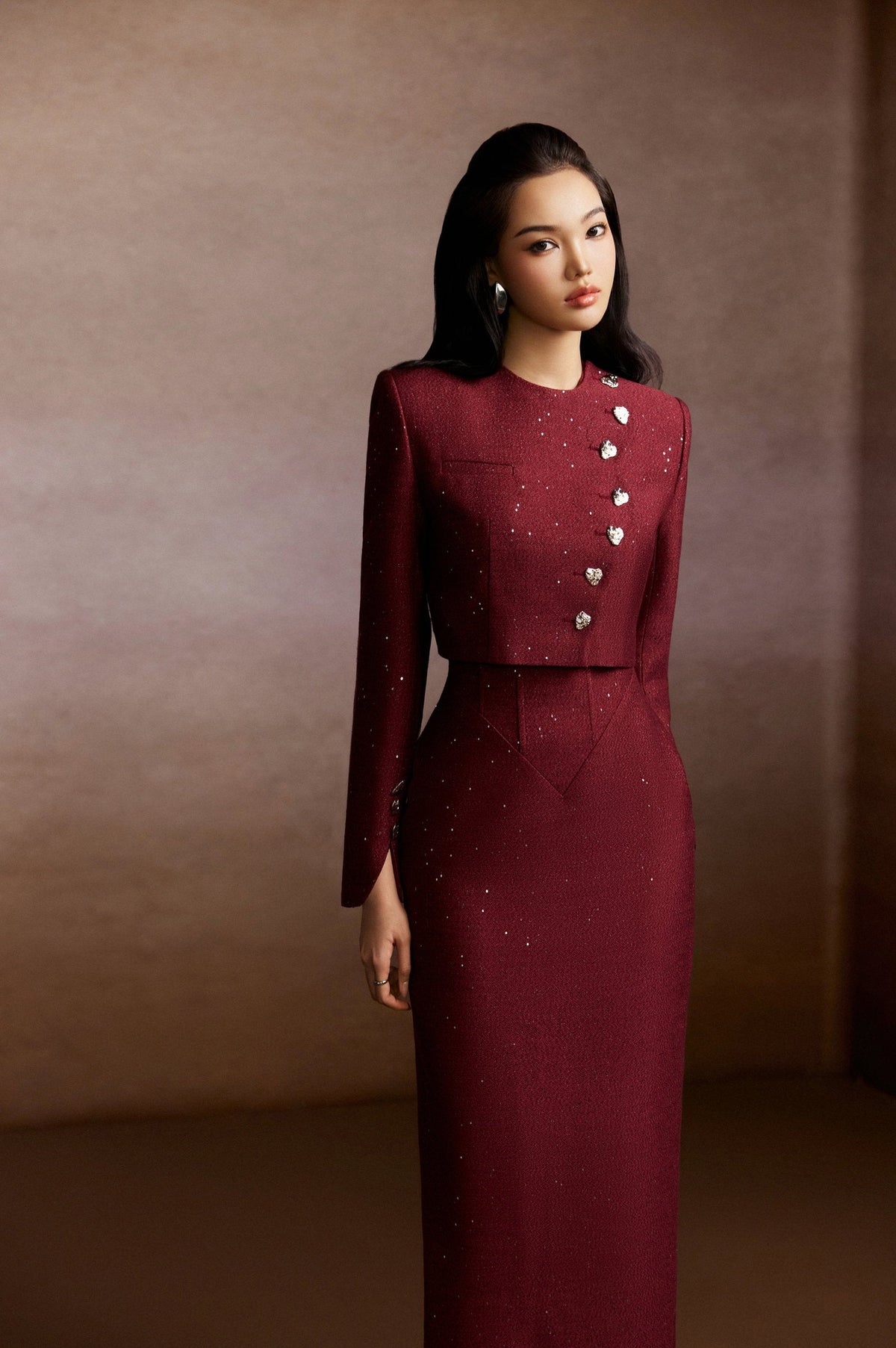 Red Wine Tweed Blazer and Corset Skirt Set