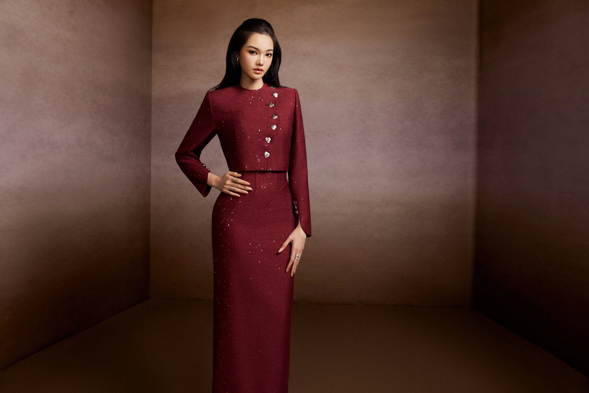 Red Wine Tweed Blazer and Corset Skirt Set