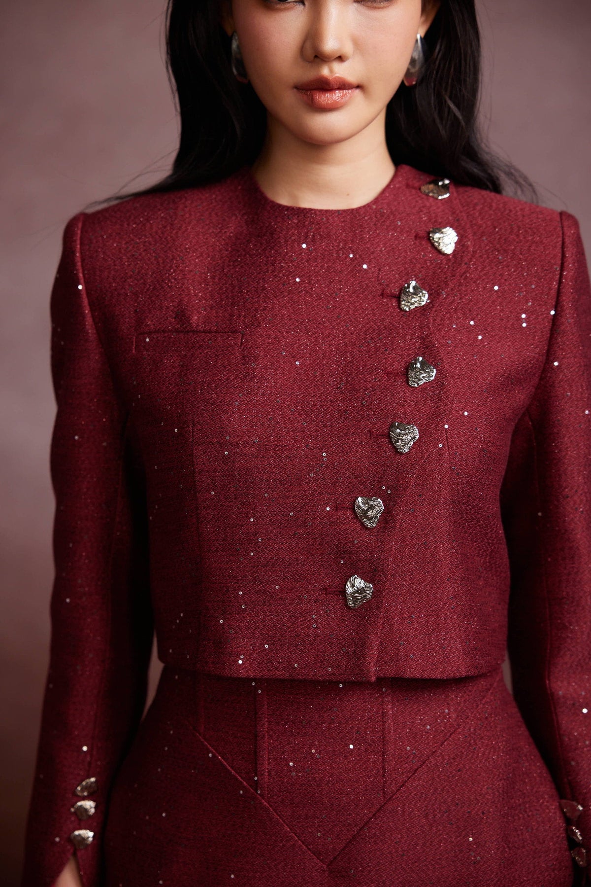 Red Wine Tweed Blazer and Corset Skirt Set