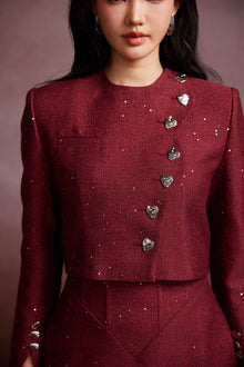 Red Wine Tweed Blazer and Corset Skirt Set