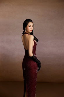 Wine Crystals Halter Dress